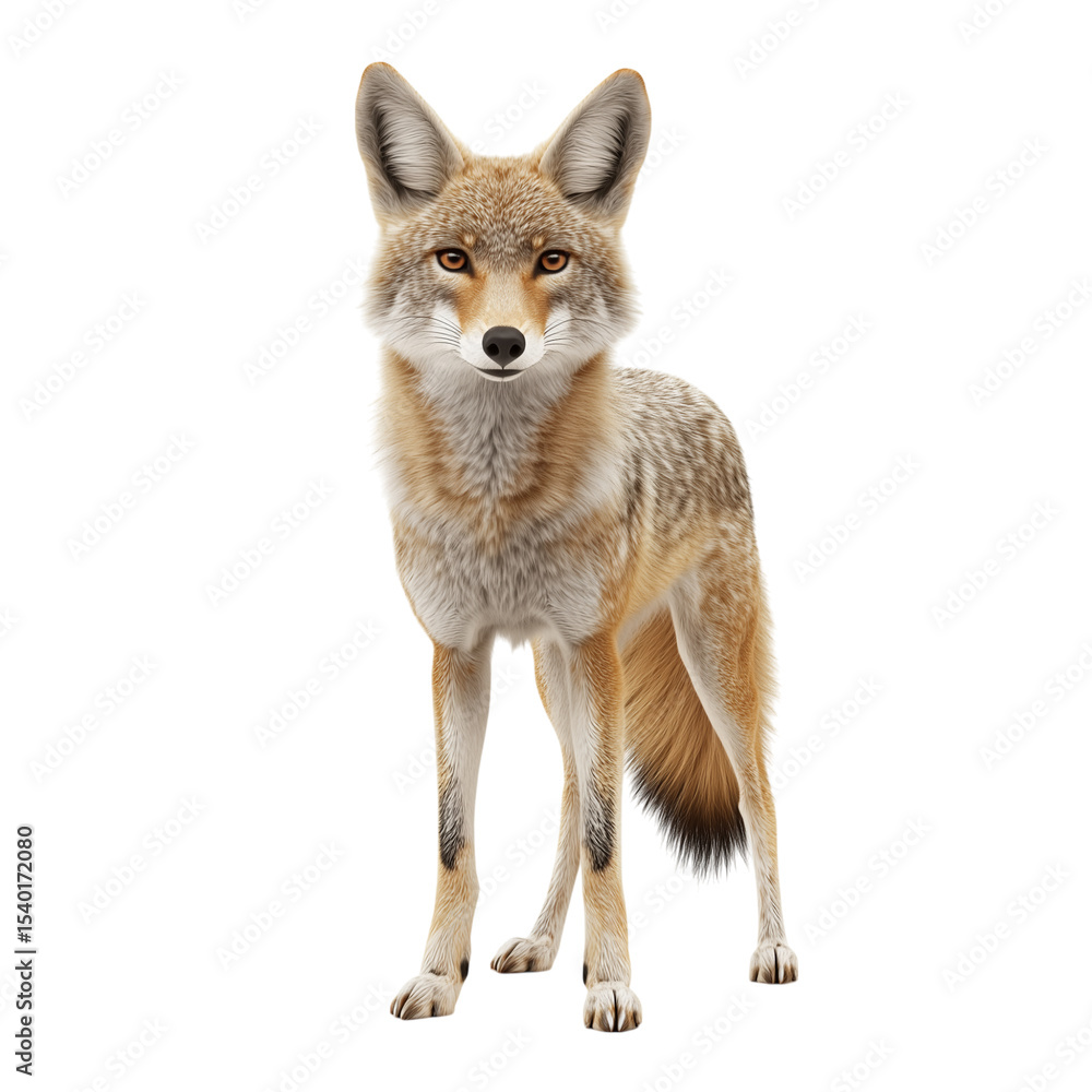 Fototapeta premium A four-year-old red fox, Vulpes vulpes, stands isolated on a white background, a wild canine predator with striking red fur
