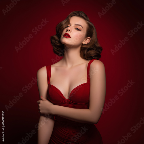 Wallpaper Mural Elegant woman posing in red dress against dark red background Torontodigital.ca