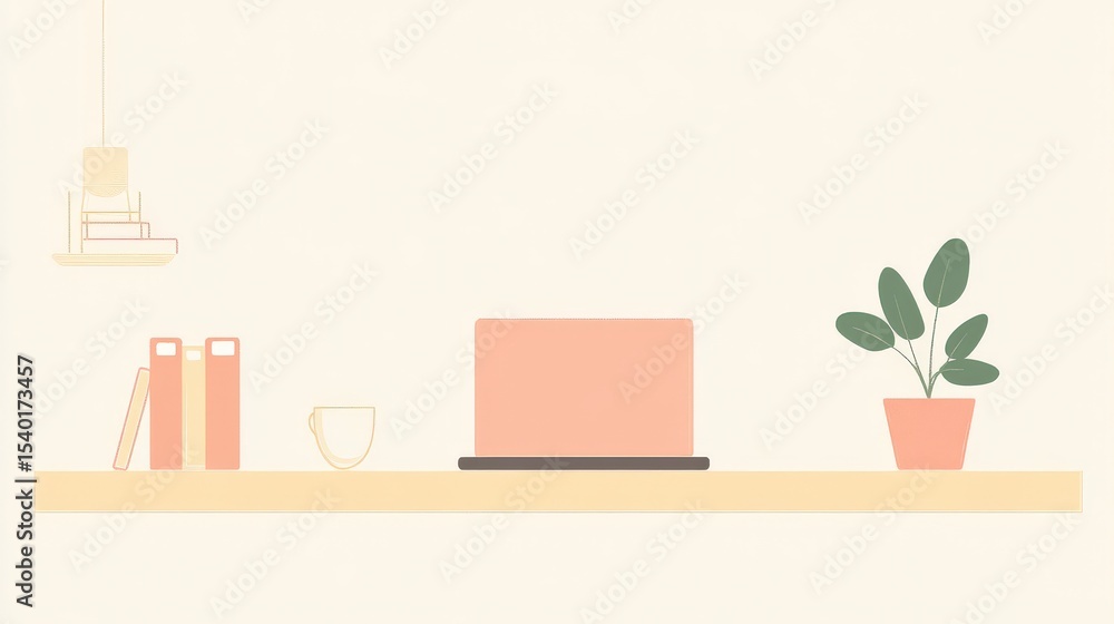 Fototapeta premium Soft pastel workspace with laptop, potted plant, and books on a minimalist desk.