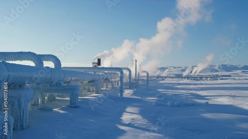 Frozen industrial pipeline system in Arctic landscape
