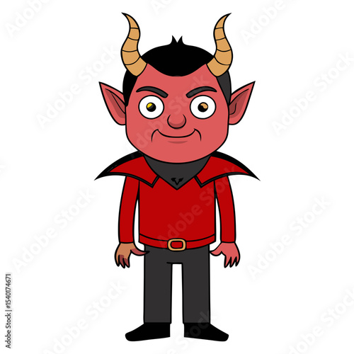 "Funny cartoon devil character with horns and fangs"

