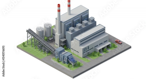 Isometric Waste to Energy Plant in Voxel Art on White Background