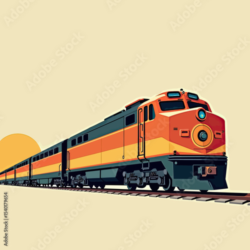 Vibrant retro illustration of a streamlined diesel passenger train on a cross-country journey, a classic flat design graphic for travel and Americana themes.
