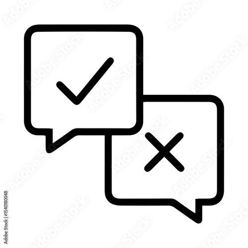 Outline style image depicts two overlapping speech bubbles, one having a checkmark and the other an X symbol, denoting a choice between affirmation and negation, or positive and negative feedback