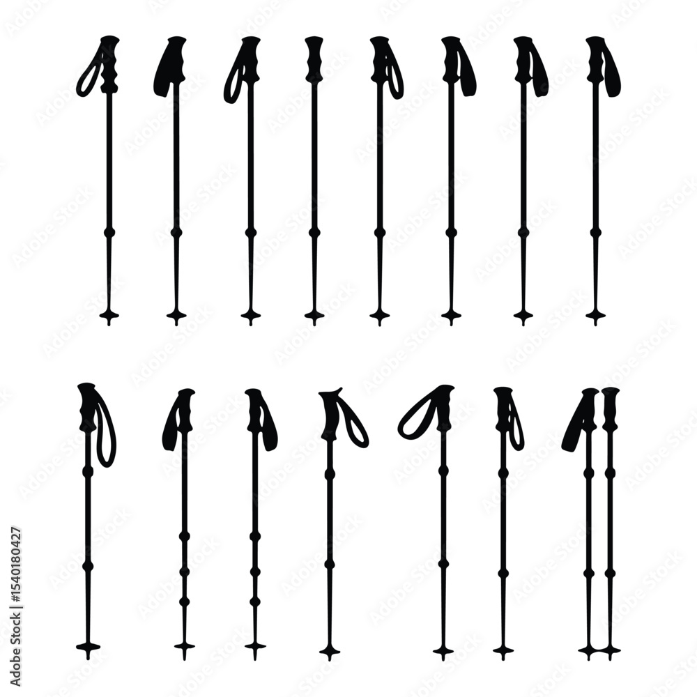 Set of trekking pole silhouettes for use in nature, survival, and travel related designs Set of trekking pole silhouettes for use in nature, survival, and travel related designs