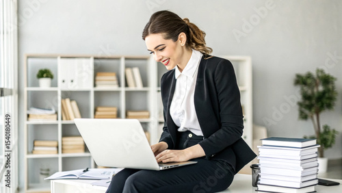 Smiling businesswoman works professionally on her laptop at an office desk