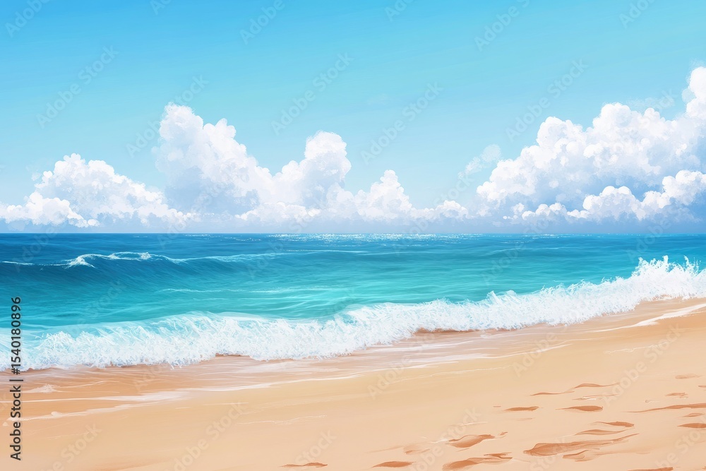 Seascape Sandy beach meets turquoise waves under a light blue sky with fluffy clouds Seascape Sandy beach meets turquoise waves under a light blue sky with fluffy clouds