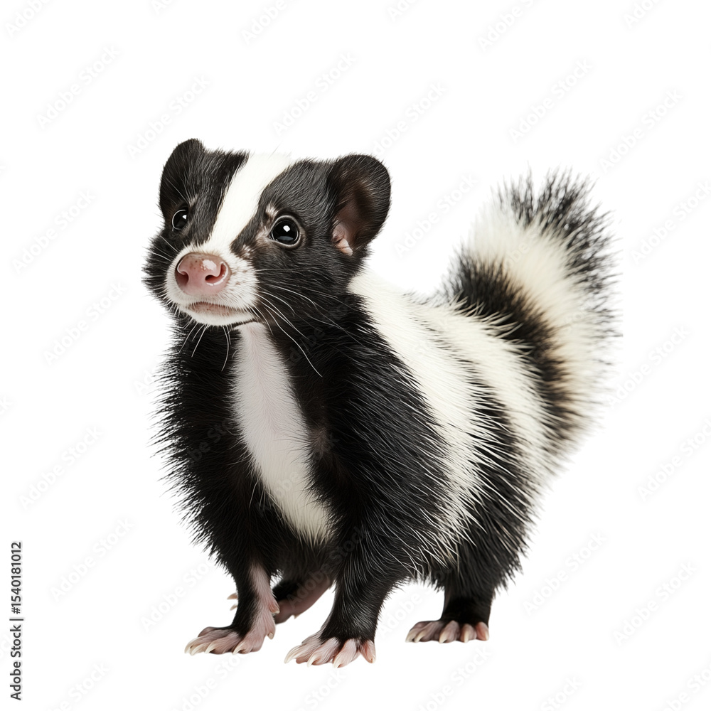 Close-up studio shot of a furry black and white cat or a brown ferret, an isolated domestic mammal on a white background looking at you Close-up studio shot of a furry black and white cat or a brown ferret, an isolated domestic mammal on a white background looking at you