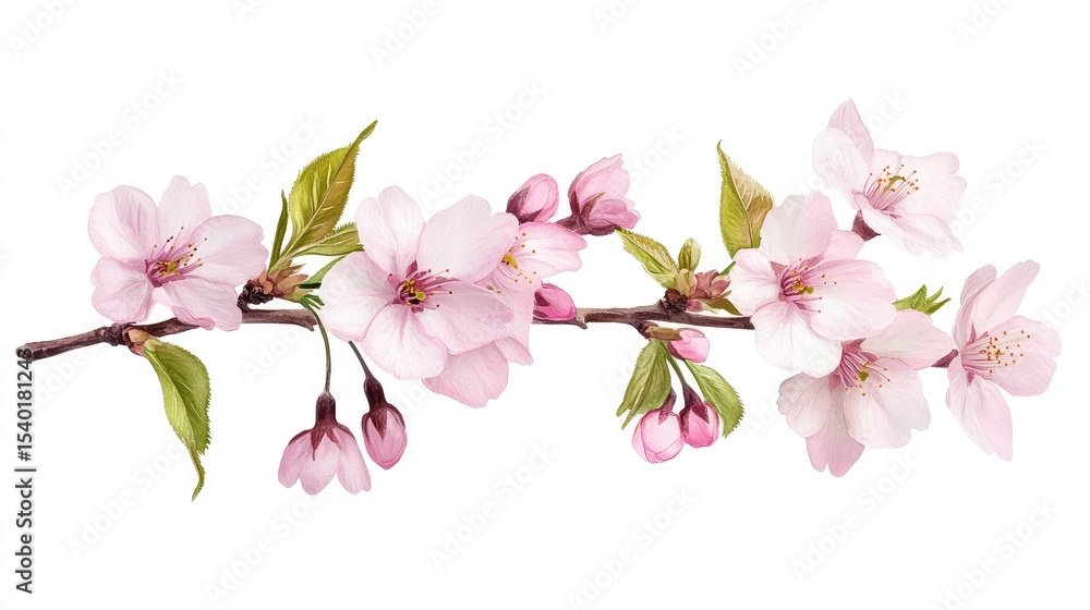 Obraz premium Delicate Cherry Blossom Branch with Soft Pink Flowers and Buds on a White Background Ideal for Spring Themes and Floral Designs in Various Artworks
