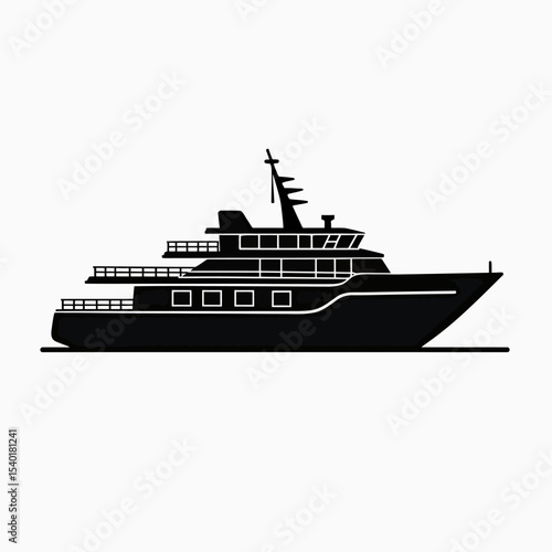 Minimalist black silhouette icon of a luxury superyacht in a side profile view, a simple graphic for marine travel, wealth, and exclusive charter services.

