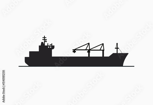 Minimalist black silhouette of a bulk carrier ship with cranes, a simple graphic icon for maritime logistics, international trade, and freight transport.
