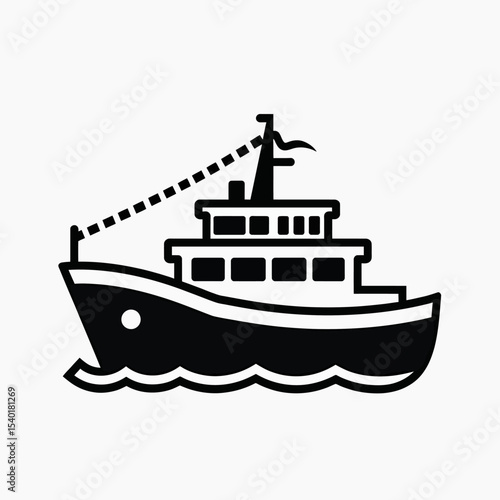 Simple black and white icon of a fishing trawler on waves, a clean graphic symbol for the seafood industry, commercial fishing, and maritime logos.
