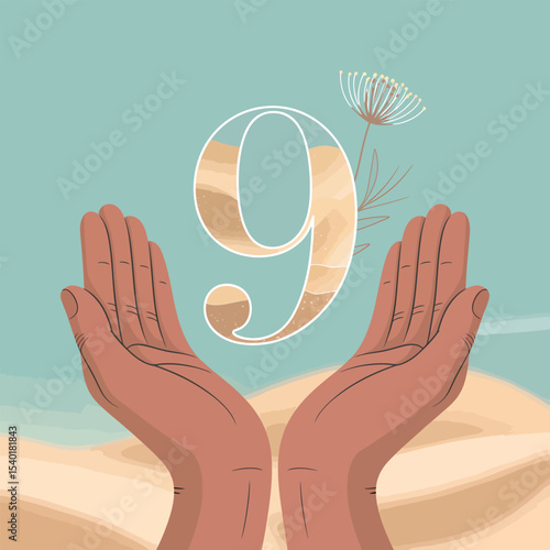 Abstract illustration depicting number nine held by two hands with a desert landscape background symbolizing support or reaching goals
