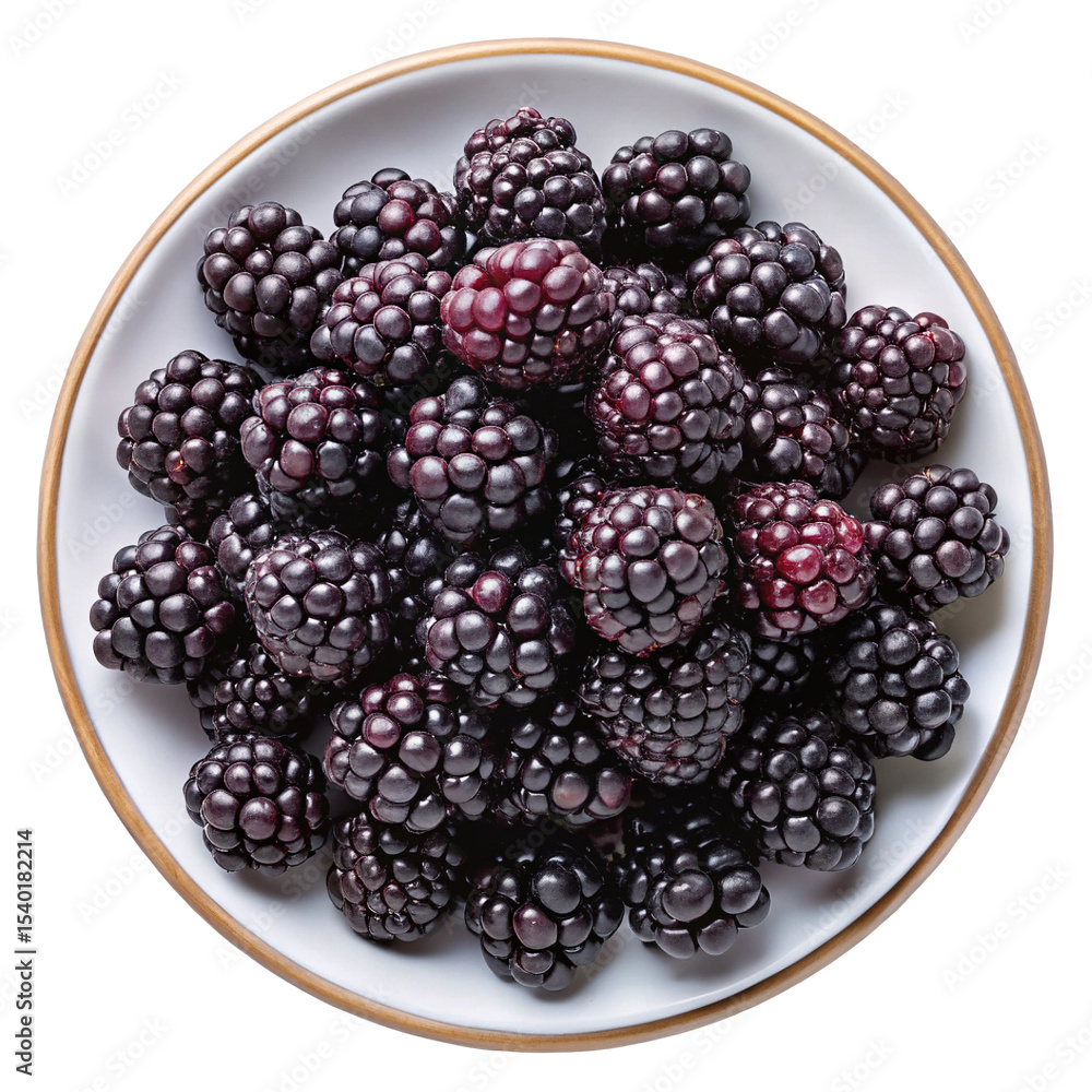 Overhead view of fresh ripe blackberries arranged on a white ceramic plate Overhead view of fresh ripe blackberries arranged on a white ceramic plate