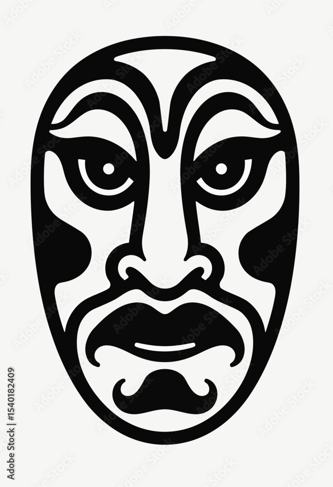 Bold black and white theatrical mask icon with a stylized mustache, a powerful graphic representing cultural heritage, drama, and traditional folk art.
Bold black and white theatrical mask icon with a stylized mustache, a powerful graphic representing cultural heritage, drama, and traditional folk art.