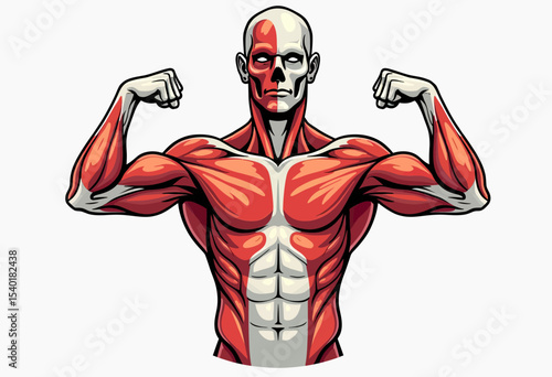 Dynamic ecorche illustration of a muscular male figure flexing biceps, showing anatomical muscle structure for bodybuilding, fitness, and medical education.
