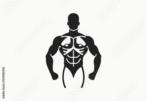 Minimalist black icon of a muscular male torso, a powerful fitness and bodybuilding symbol for gym logos, workout apps, or athletic branding.
