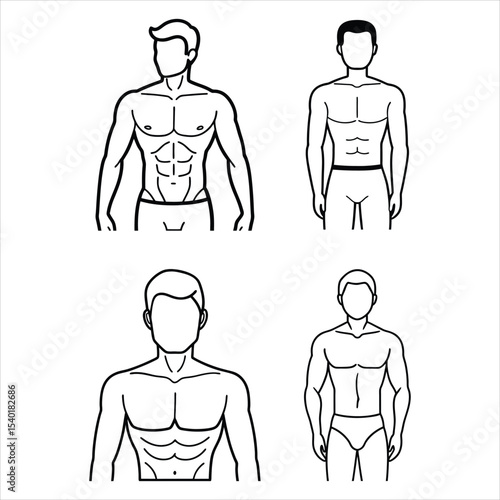 Four Male Body Types Line Art Illustrations Black White