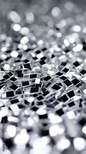 Close-up of sparkling silver glitter pieces, creating a dazzling and abstract pattern with shiny, reflective particles and diffused light effects.