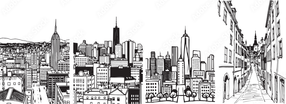Fototapeta premium Set City landscape. Line urban backdrop, different buildings on street, doodle street draw, outline cityscape hand sketch, flat houses. Hand drawn vector illustration 