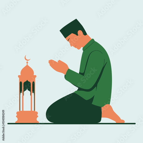 Islamic illustration of a man praying with a mosque lamp during ramadan or eid showing devotion and faith with flat design
