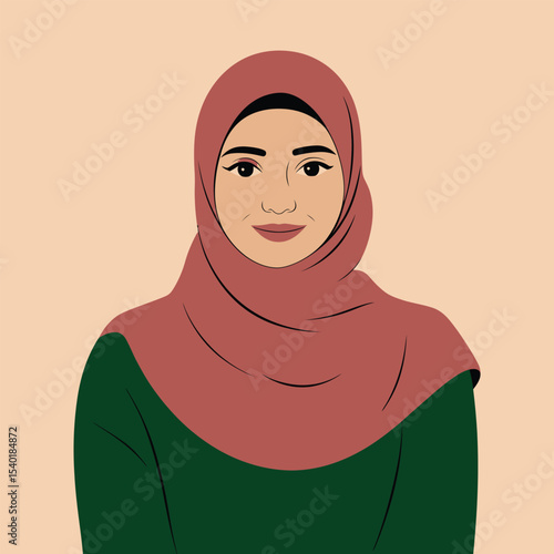 Portrait of a beautiful muslim woman wearing a pink hijab and green blouse against a soft beige background.