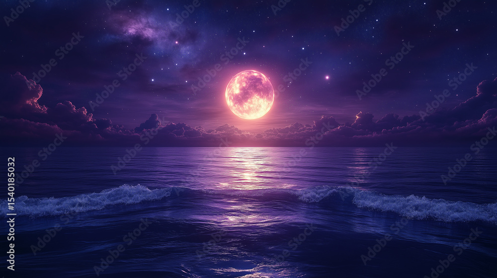 Fototapeta premium Fantasy landscape with a bright full moon reflecting on the calm surface of the ocean. Purple and pink palette of the sky