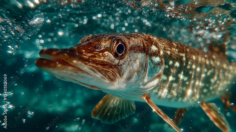 Obraz premium An underwater close-up of a pike swimming through crystal clear water. The fish stands out for its expressive eyes