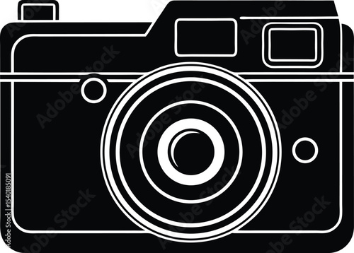 Flat digital camera silhouette featuring lens and button outlines