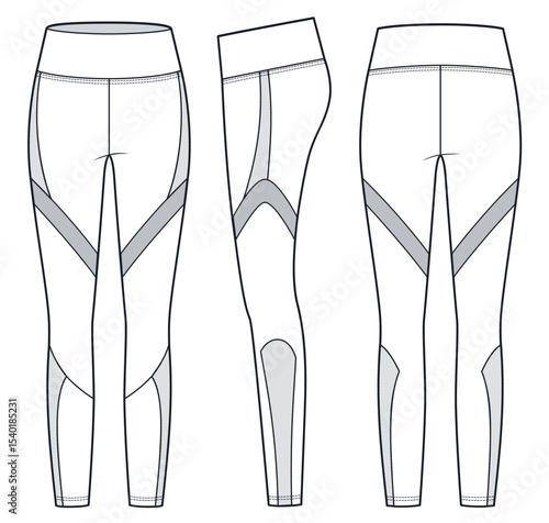 Color block Leggings with mesh trim technical fashion illustration. Sports Leggings Pants fashion flat technical drawing template, front, side and back view, white, grey, women, men, unisex CAD mockup