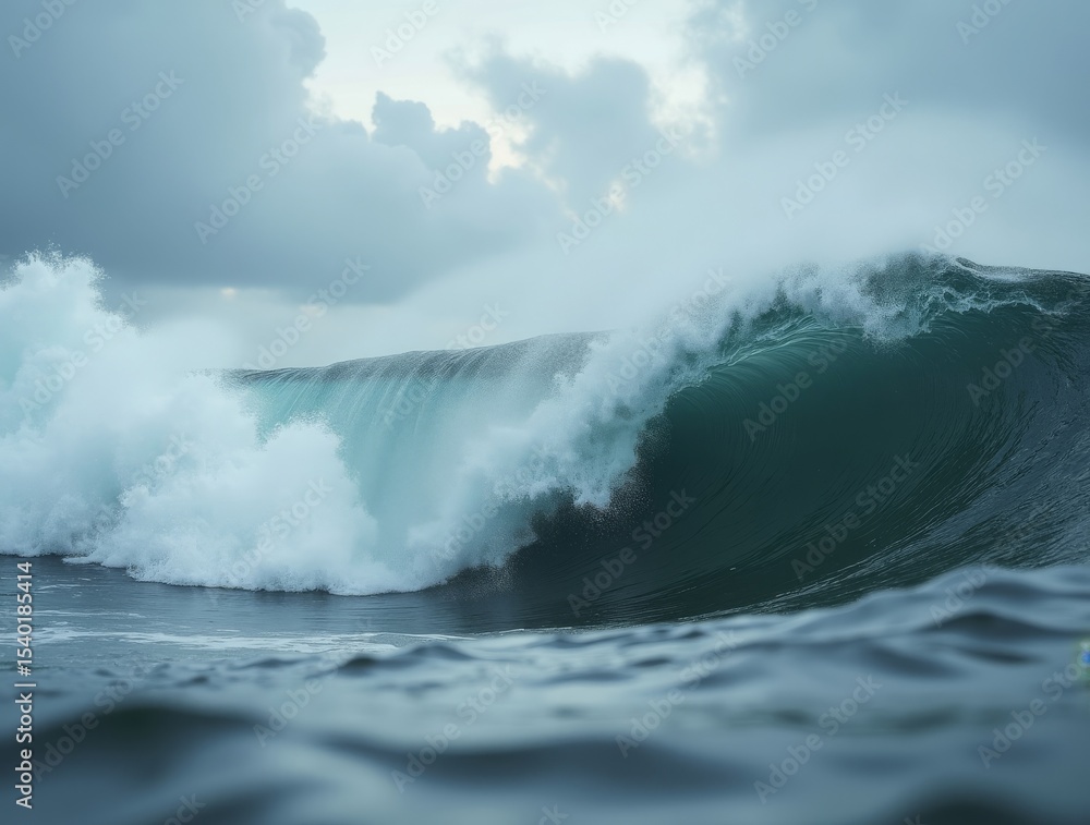 Detailed close-up of a stormy ocean wave crashing violently, with dark gray water and white foam under a cloudy sky Detailed close-up of a stormy ocean wave crashing violently, with dark gray water and white foam under a cloudy sky