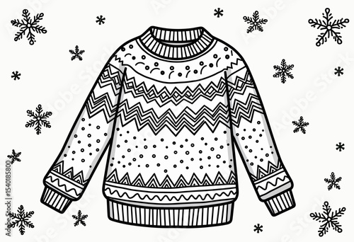 Cozy Nordic Christmas sweater coloring page with intricate zigzag patterns and falling snowflakes, a festive winter holiday activity for all ages to enjoy.
