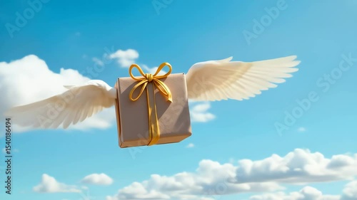 Package with wings flying in the blue sky representing free shipping  