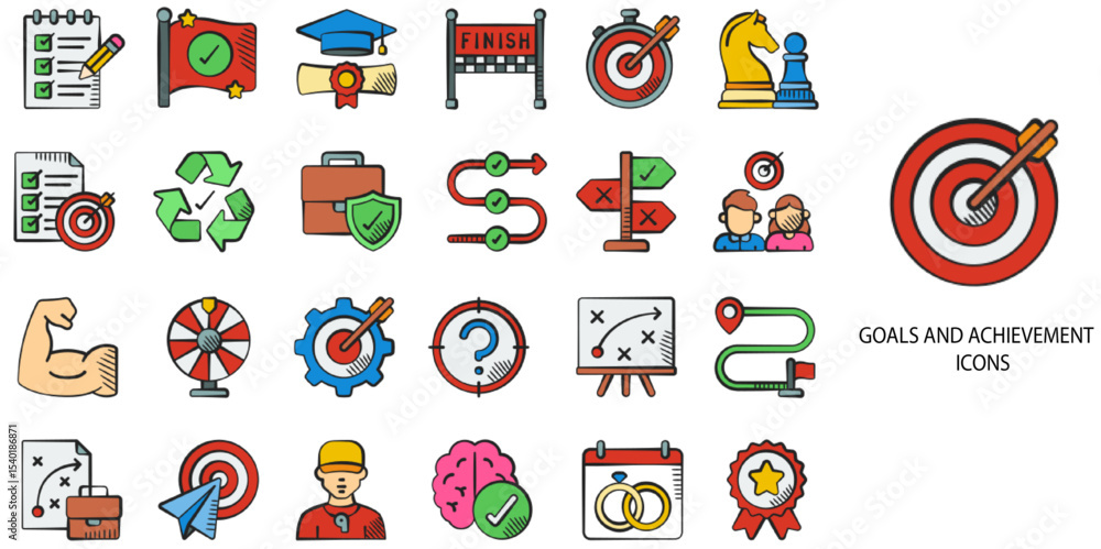 Fototapeta premium Goals and Achievement simple concept 24 hand drawn color icons set .Vector illustration. 