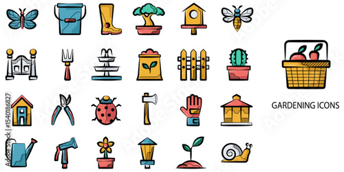 Gardening simple concept 24 hand drawn color icons set .Vector illustration.	