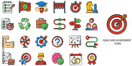 Goals and Achievement simple concept 24 hand drawn color icons set .Vector illustration.	