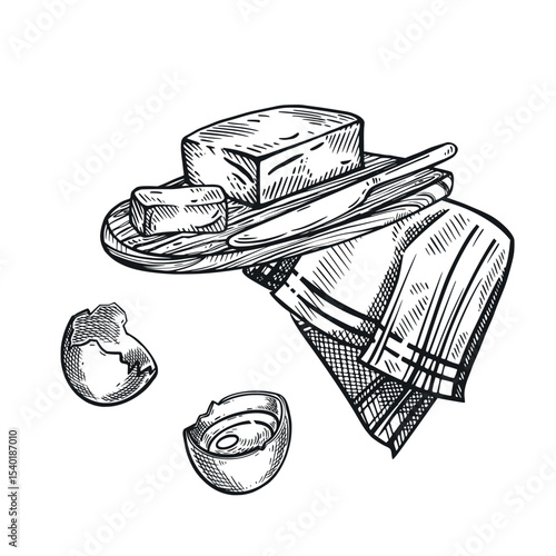 Food, butter, chicken egg on a towel. The process of cooking, all objects are hand-drawn with ink, vector. Suitable for printing on food, store design, and farm products.