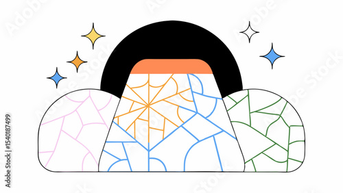 Colorful abstract mountain landscape with geometric patterns and stars shining brightly