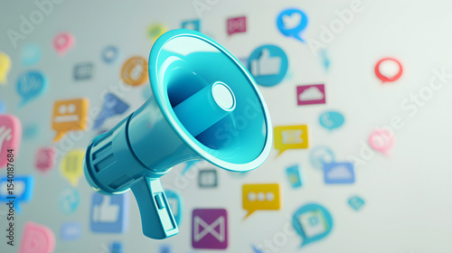 A blue megaphone surrounded by various social media icons on a light gray background illustration