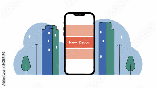 smartphone displaying New Decor surrounded by modern buildings and trees, conveying fresh