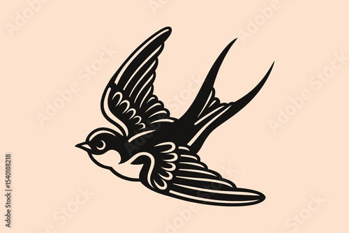 Flying swallow tattoo bold black traditional vector illustration