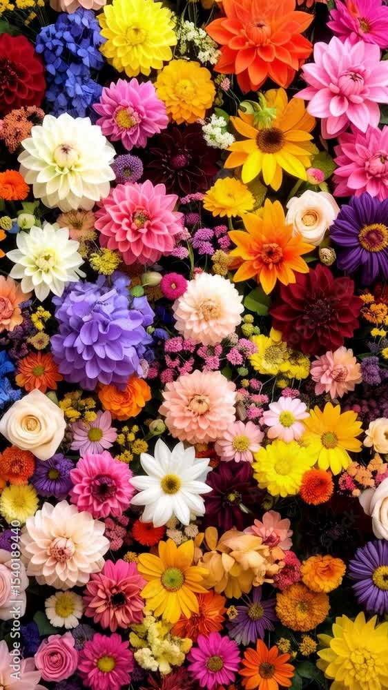 Dense floral arrangement features a diverse assortment of vibrant, colorful blossoms in a tightly packed design, perfect for backgrounds or botanical designs. Dense floral arrangement features a diverse assortment of vibrant, colorful blossoms in a tightly packed design, perfect for backgrounds or botanical designs.