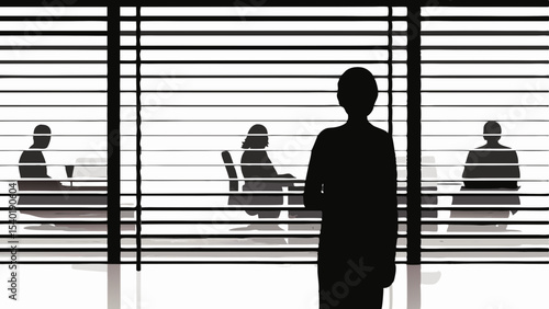 Silhouette of people in an office setting seen through window blinds creating a sense of privacy and mystery