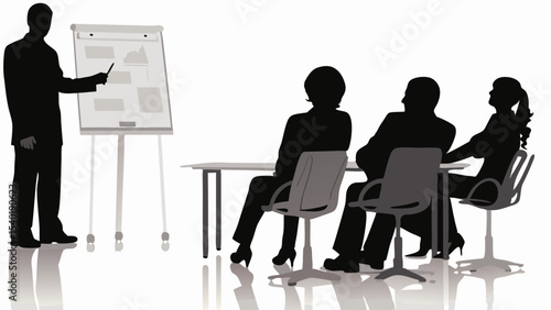 Silhouette of a presenter pointing to a flip chart with three attendees seated in a conference room setting