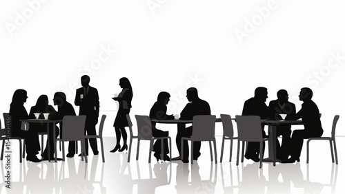 Silhouette of people sitting at tables and standing in a cafe or restaurant setting with white background