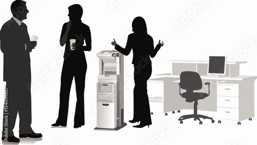 Silhouette of office workers conversing near a water cooler and a desk with a computer screen visible