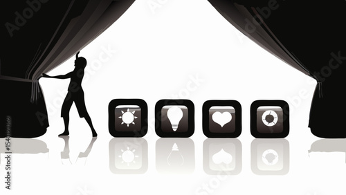 Silhouette figure opening black curtains revealing icons of sun bulb heart and ring on white surface