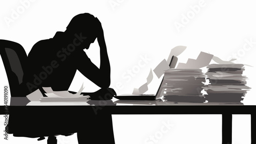 Silhouette of a person at a desk with a pile of papers and a laptop looking stressed and overwhelmed