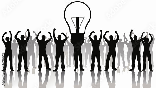 Silhouette of a group of people celebrating with a large lightbulb in the center of the group image