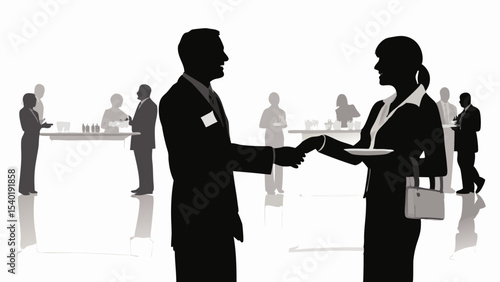 Silhouette of business people shaking hands at a networking event with tables and attendees in the background